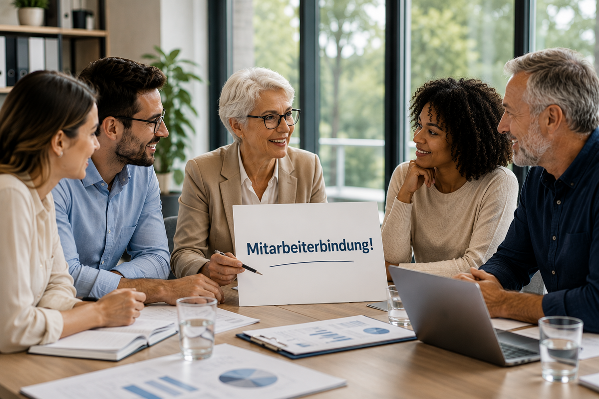 Gruppe Menschen an einem Tisch, unterschiedliche Altersgruppen. Eine Frau hält einen Zettel mit der Aufschrift Mitarbeiterbindung hoch.