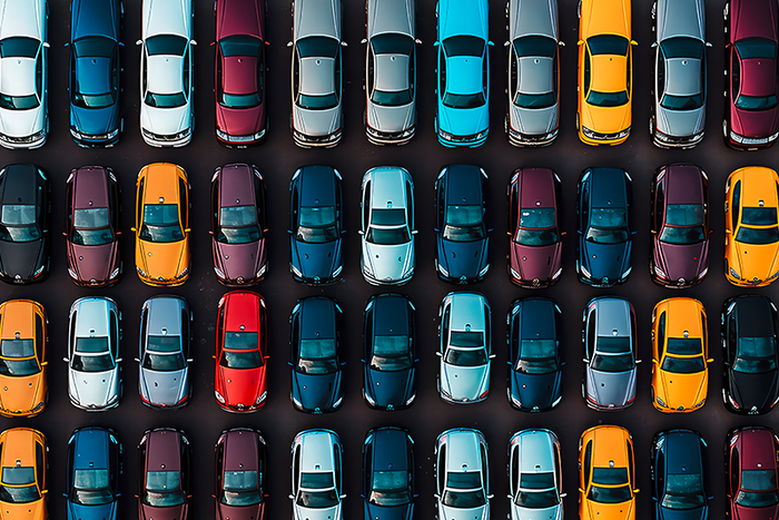 Autos in verschiedenen Farben aus der Vogelperspektive.