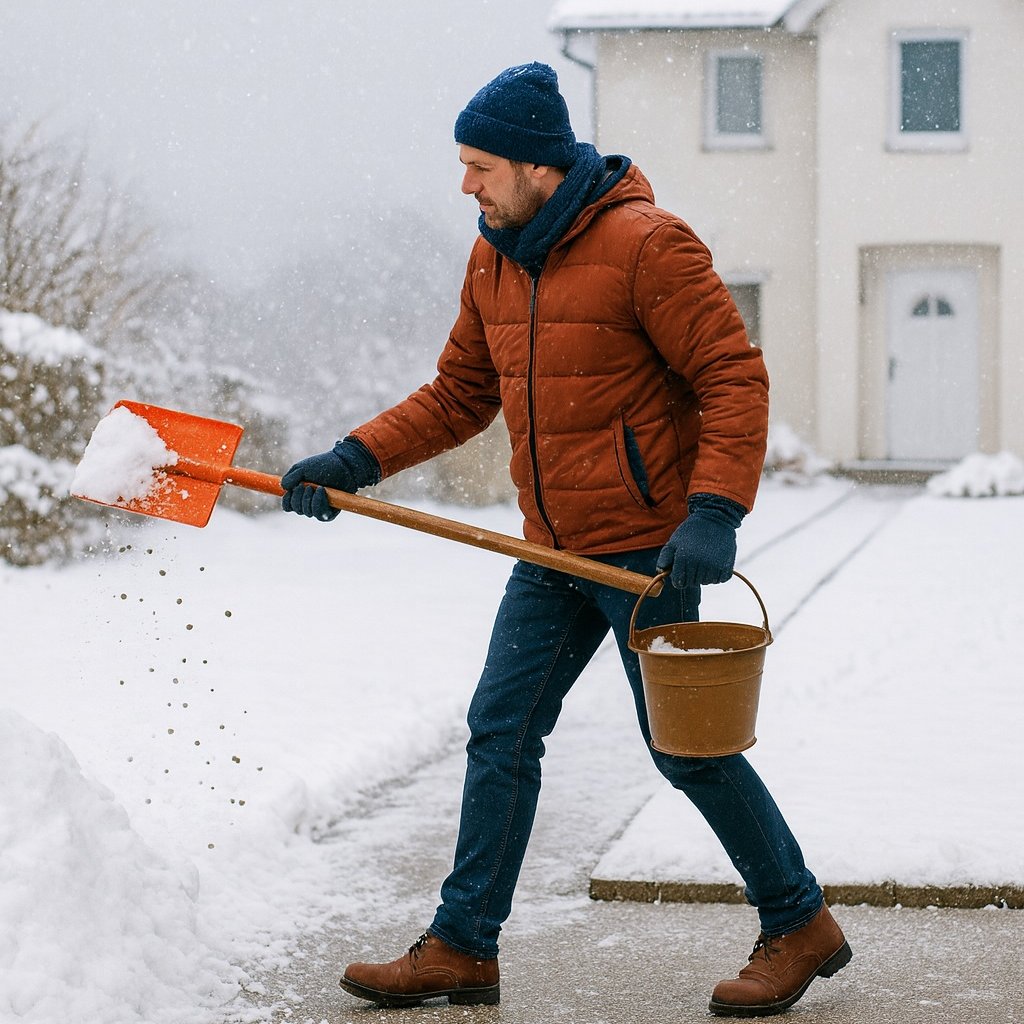Mann im Schnee mit Schuafel und Eimer, er streut Salz oder Sand.