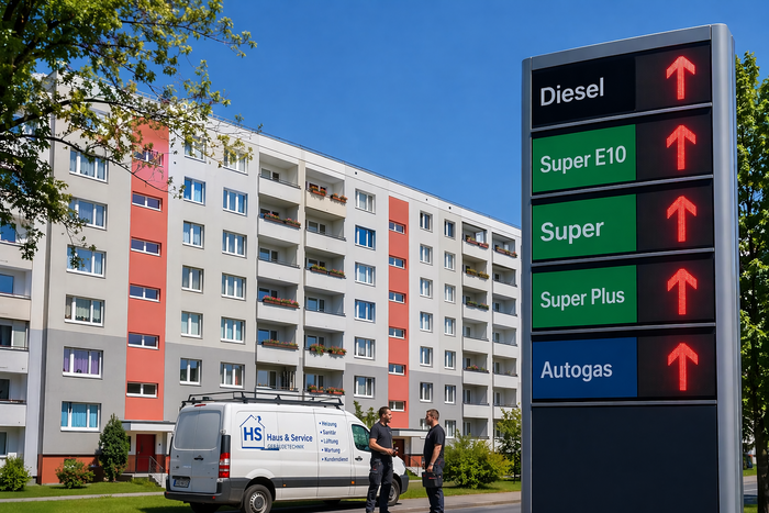 Wohnblock mit Servicefahrzeug Handwerker und Preisanzeige Tankstelle